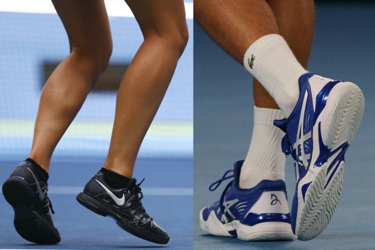 closeup of male and female players footwear